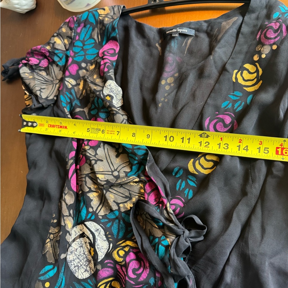 Nanette Lepore Black Floral Wrap Top - Pink, Teal, Yellow - Picture 5 of 6